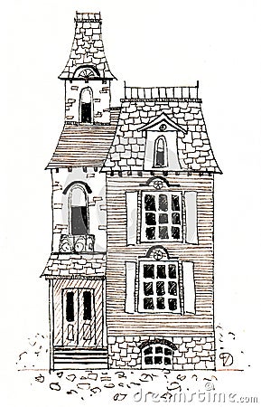 Old victorian house. Hand drawn pen illustration. Cartoon Illustration