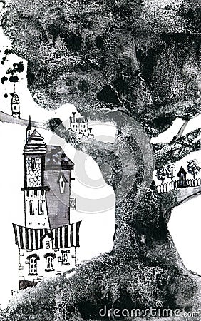 Old victorian house on a scary tree. Cartoon Illustration