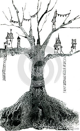 Old victorian house on a scary tree. Cartoon Illustration