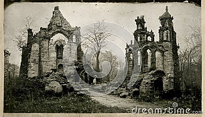 Old photo with creepy cemetery and abandoned church ruins. Mystic gloomy scene. 3D illustration Stock Photo