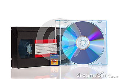 Old Video Cassette tape, with a DVD disc and Flash Stock Photo