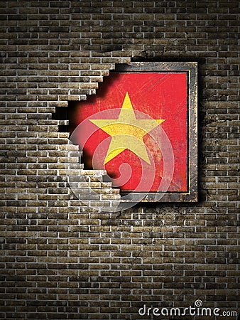 Old Vietnam flag in brick wall Stock Photo