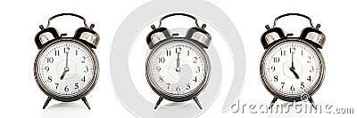 Old vintage alarm clocks at different time of the days isolated on panoramic white background. Morning, noon,afternoon Stock Photo
