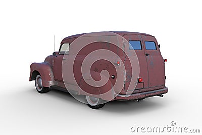 Rear corner view 3D rendering of an old vintage American panel van with faded and peeling red paintwork isolated on white Cartoon Illustration