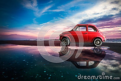 Old vintage antique italian car in amazing sea landscape nature Stock Photo