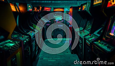 Old Vintage Arcade Video Games in an empty dark gaming room with blue light with glowing displays Stock Photo