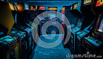 Old Vintage Arcade Video Games in an empty dark gaming room with blue light with glowing displays and beautiful retro design Stock Photo