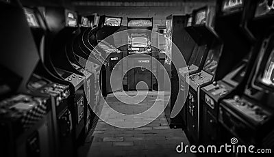 Old Vintage Arcade Video Games in an empty dark gaming room with blue light with glowing displays Stock Photo