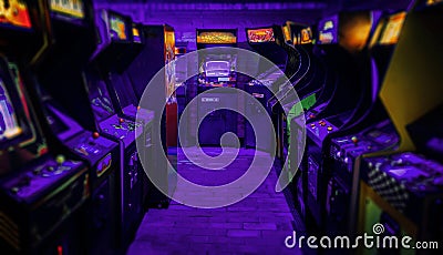 Old Vintage Arcade Video Games in an empty dark gaming room with purple light Stock Photo