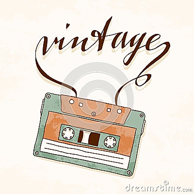 Old vintage audio cassette with tangled tape Vector Illustration