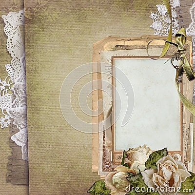 Old vintage background with a frame, withered roses, old letters, postcards, lace Stock Photo