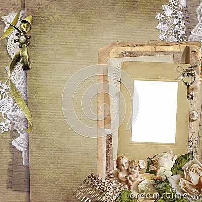 Old vintage background with a frame, withered roses, old letters, postcards, lace, statue of angels Stock Photo