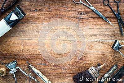 Old vintage barbershop tools on wooden table Stock Photo