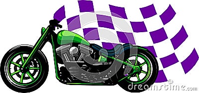 Old vintage black bobber bike with race flag Vector Illustration