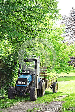 Old vintage blue tractor in village Stock Photo