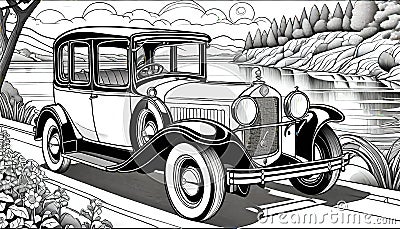 Old vintage car antique touring parked pond sketch Cartoon Illustration