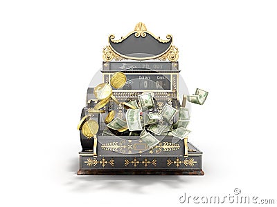 Old vintage cash register with flying money and coins 3d render Stock Photo