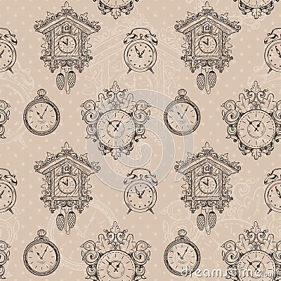 Old vintage clock seamless pattern Vector Illustration