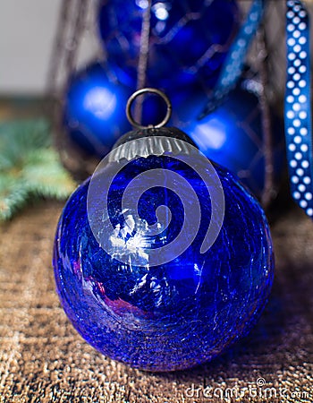 Old vintage cobalt blue Christmas tree balls from glass Stock Photo