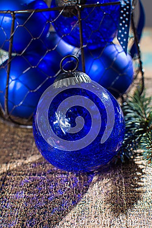 Old vintage cobalt blue Christmas tree balls from glass Stock Photo