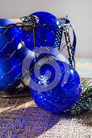 Old vintage cobalt blue Christmas tree balls from glass Stock Photo