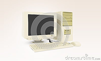 Old vintage desktop computer With keyboard and mouse. Old fashioned desktop PC. Retro style personal computer. Stock Photo