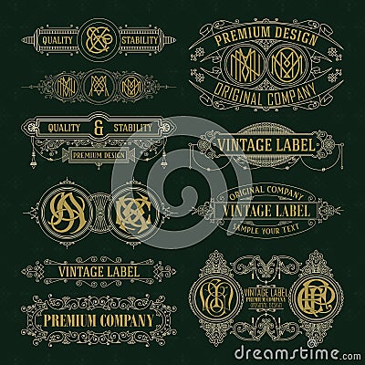 Old vintage floral elements - ribbons, monograms, stripes, lines, angles, border, frame, label, logo Vector Illustration