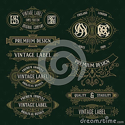 Old vintage floral elements - ribbons, monograms, stripes, lines, angles, border, frame, label, logo Vector Illustration