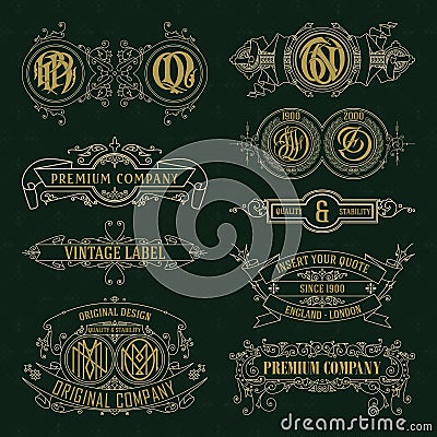 Old vintage floral elements - ribbons, monograms, stripes, lines, angles, border, frame, label, logo Vector Illustration