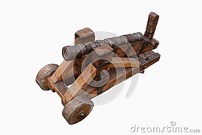 Old vintage gunpowder cannon on wooden carriage with small wheels isolated Stock Photo