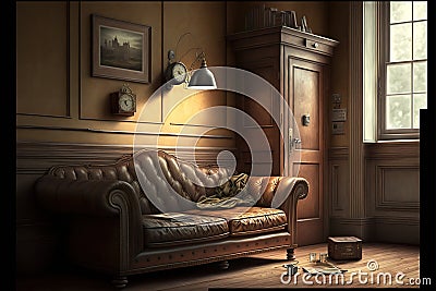 Old vintage interior with leather sofa,hyperrealism, photorealism, photorealistic Stock Photo