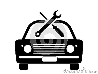 Old Vintage Junk Car Vehicle Automobile Repair Servicing Maintenance Repair Wrench Screwdriver Tool. Black Illustration Isolated Vector Illustration