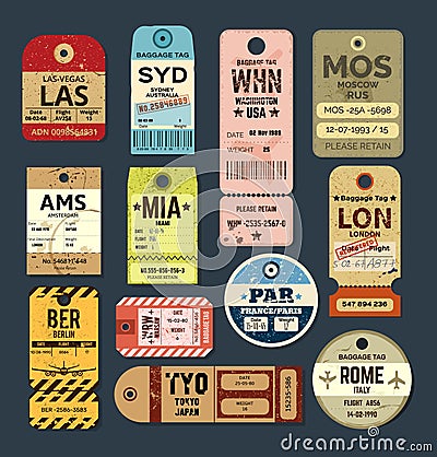 Old vintage luggage tag. Baggage checks or ticket for passenger flight. Baggage ticket for passengers at airport. Grunge passport Vector Illustration