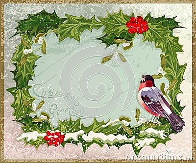 Old vintage postcard with bullfinch Vector Illustration