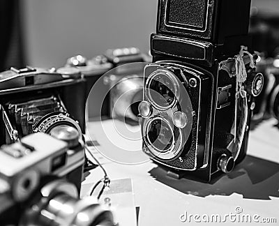 Old Vintage Retro Cameras in Black and White Stock Photo