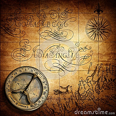 Old vintage retro compass on ancient map background. Stock Photo