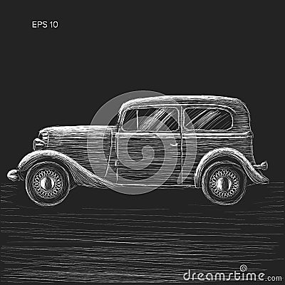 Old vintage retro pre-war car vector illustration. Exclusive car chalk style sketch Vector Illustration