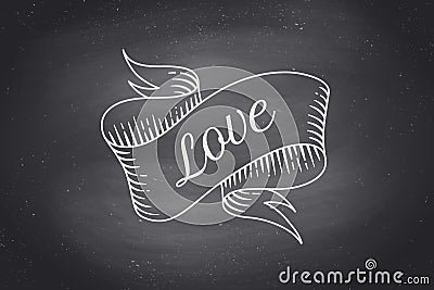 Old vintage ribbon banner with text Love in engraving style Vector Illustration