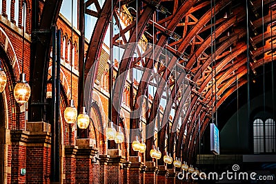 Old vintage roof structure at train station in Copenhagen, Denmark Stock Photo