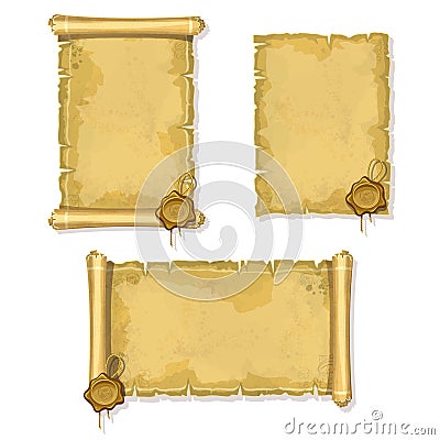 Old vintage scroll with sealing wax on white background Vector Illustration