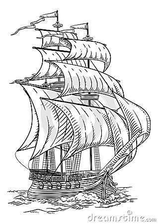 Old Vintage Ship Pirate Sail Boat Galleon Woodcut Vector Illustration