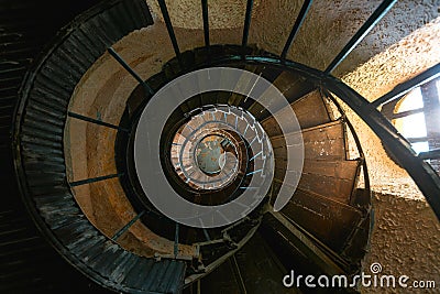 Old Vintage Spiral Staircase In Abandoned Mansion House. Top View Stock Photo