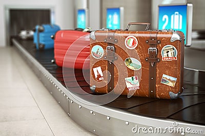 Old vintage suitcase on a airport luggage conveyor belt. Baggage claim. Travel and tourism concept background Cartoon Illustration