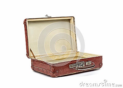 Old vintage suitcase opened front isolated on white Stock Photo