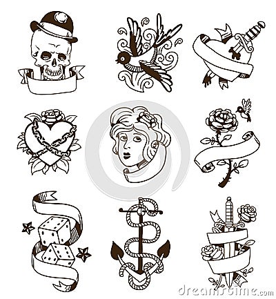 Old vintage tattoo vector set. Vector Illustration