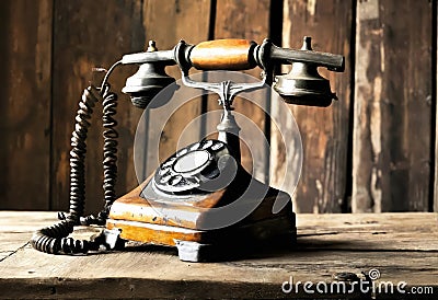 Old vintage telephone with dialer on a wooden table. Nostalgic moods Stock Photo