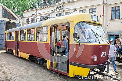Old vintage tram Tatra T4SU in the garage at the depot in Lviv Editorial Stock Photo