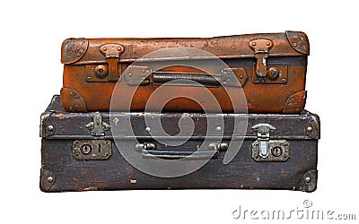 Old vintage travel suitcases isolated on white Stock Photo