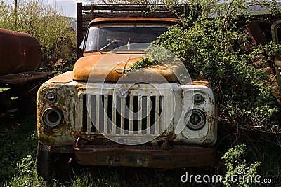 Old vintage truck wreck overgrown Editorial Stock Photo