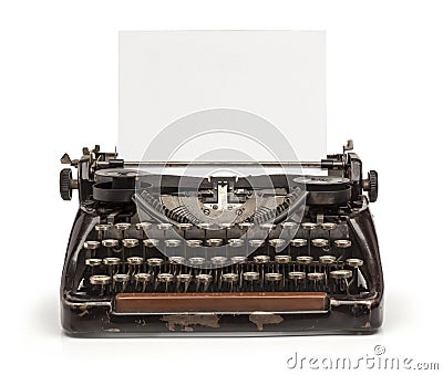 Old vintage typewriter and a blank sheet of paper inserted. Isolated on white background Stock Photo